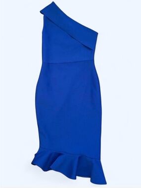 Luxury Women’s One-Shoulder Royal Blue Ruffle-Hem Dress Size Large Flattering